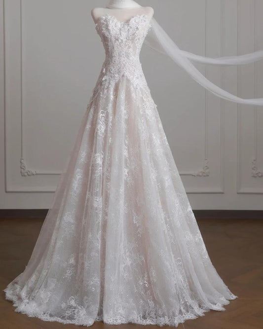 Elegant A-line Sweetheart Long Wedding Dress Lace White Prom Dress TH158