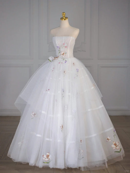 Elegant Ball Gown Off-the-Shoulder Long Wedding Dress Tulle White Prom Dress TH159