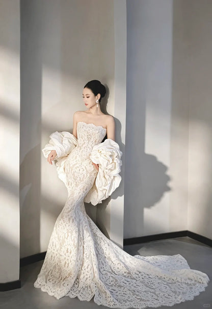 Elegant Mermaid Off-the-Shoulder Long Wedding Dress Lace White Prom Dress TH162