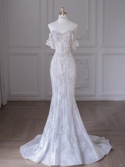 Elegant Mermaid Off-the-Shoulder Long Wedding Dress Beaded White Prom Dress TH163