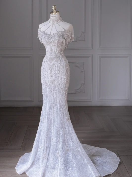 Elegant Mermaid Off-the-Shoulder Long Wedding Dress Beaded White Prom Dress TH163
