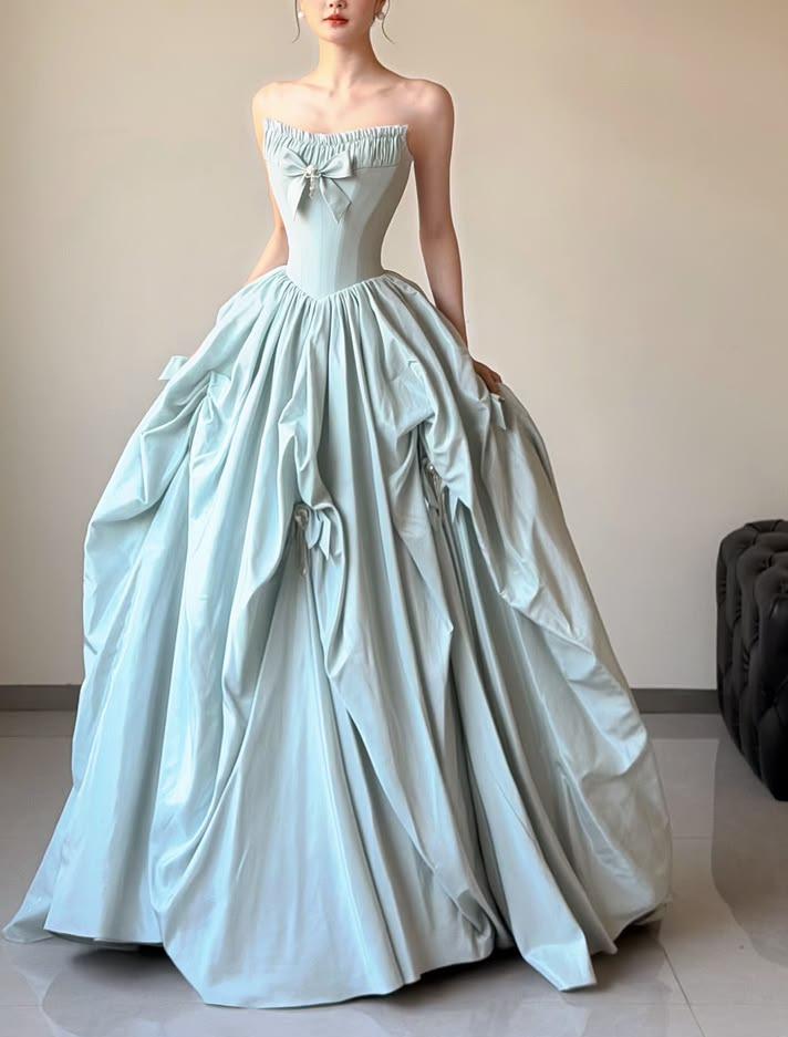 Elegant A-line Off-the-Shoulder Blue Long Evening Dress Pleated Satin Prom Dress TH164