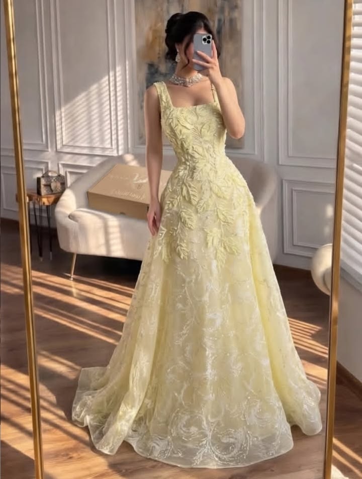 Elegant A-line Square Neck Yellow Long Evening Dress Lace Prom Dress TH167