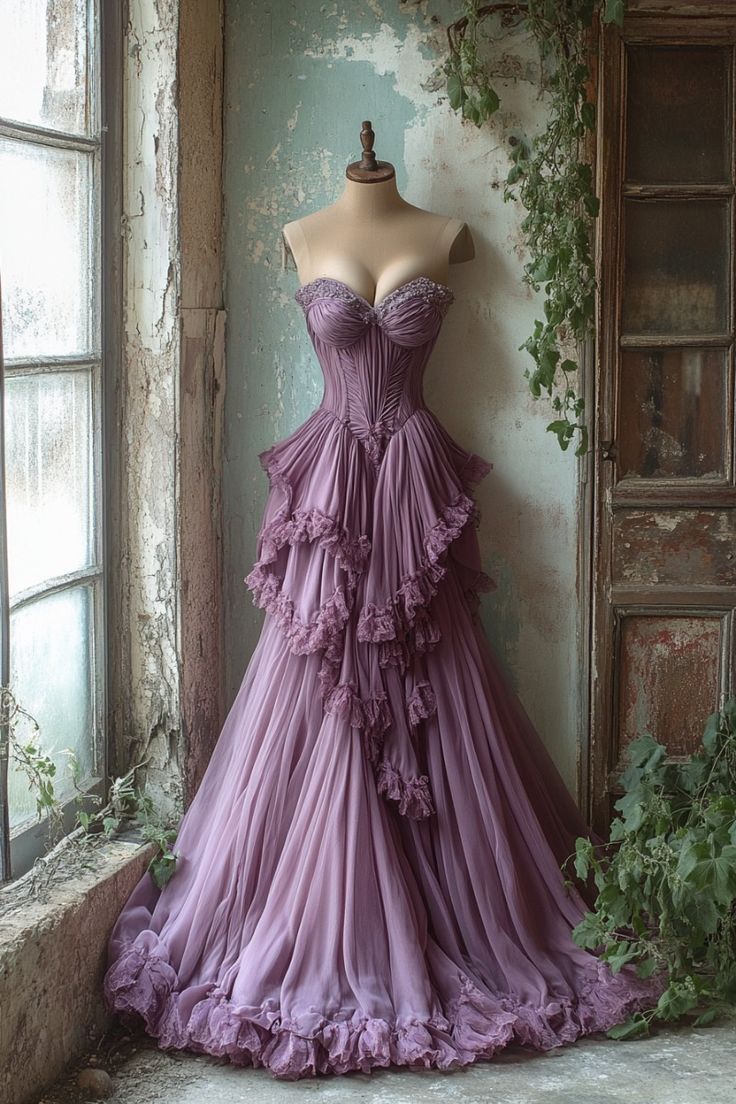 Ethereal A-line Sweetheart Purple Long Evening Dress Tulle Ruffled Prom Dress TH169