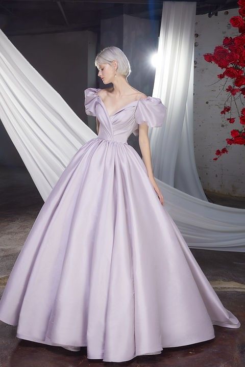 Ethereal A-line V Neck Purple Long Evening Dress Satin Prom Dress TH171