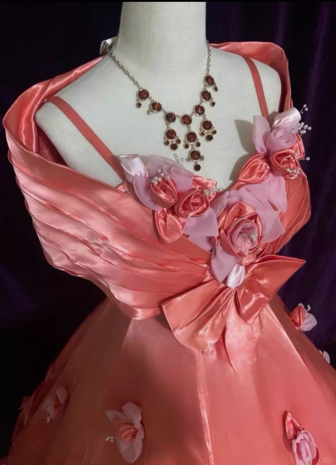 Ethereal A-line V Neck Red Long Evening Dress Satin 3D fabric flower Prom Dress TH174