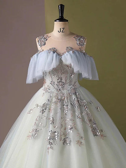 A-Line Off Shoulder Tulle Sequin Light Blue Long Prom Dress TH175