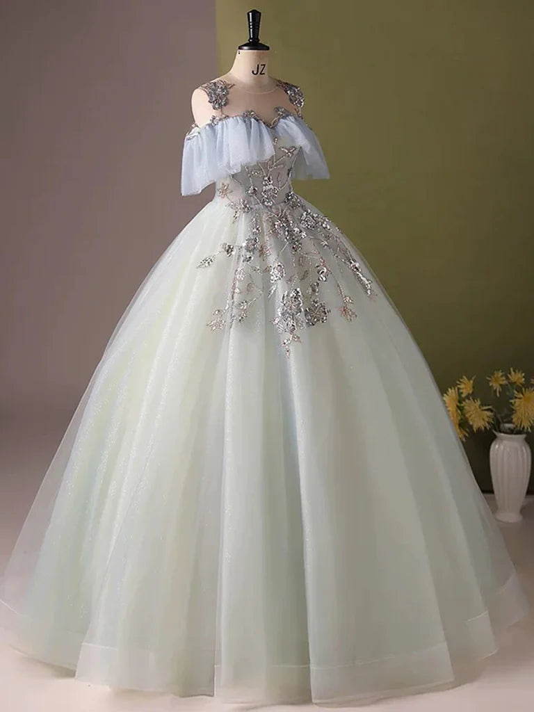A-Line Off Shoulder Tulle Sequin Light Blue Long Prom Dress TH175