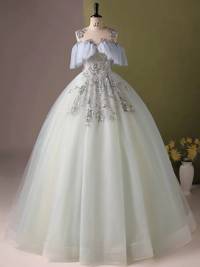 A-Line Off Shoulder Tulle Sequin Light Blue Long Prom Dress TH175