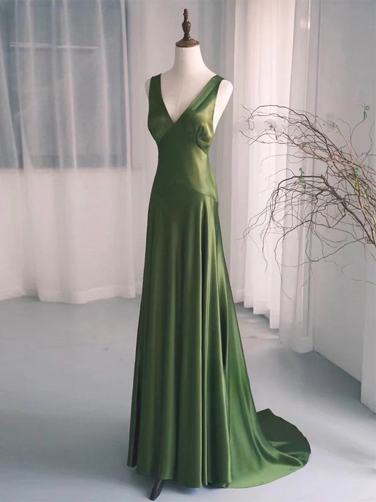 Simple V Neck Satin Green Long Prom Dress, Green Long Formal Dress TH176