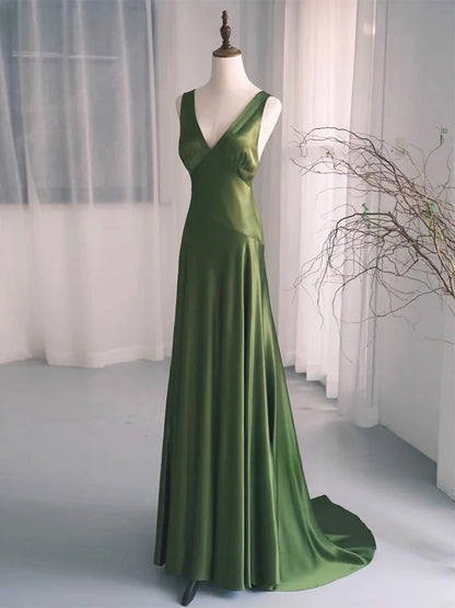 Simple V Neck Satin Green Long Prom Dress, Green Long Formal Dress TH176