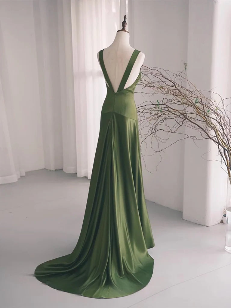 Simple V Neck Satin Green Long Prom Dress, Green Long Formal Dress TH176