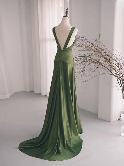 Simple V Neck Satin Green Long Prom Dress, Green Long Formal Dress TH176