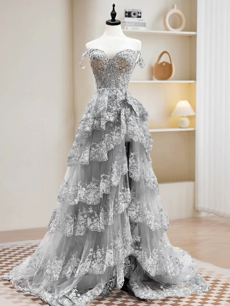 A-Line Off Shoulder Tulle Sequin Gray Long Prom Dress, Gray Long Evening Dress TH177