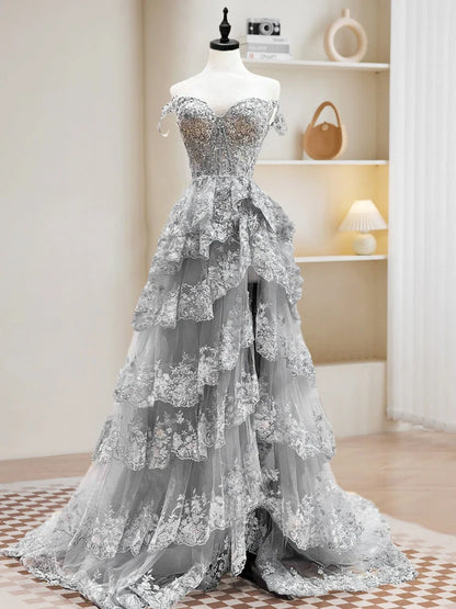 A-Line Off Shoulder Tulle Sequin Gray Long Prom Dress, Gray Long Evening Dress TH177