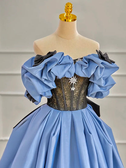 A-Line Off Shoulder Satin Blue Long Prom Dress, Blue Long Formal Dress TH179