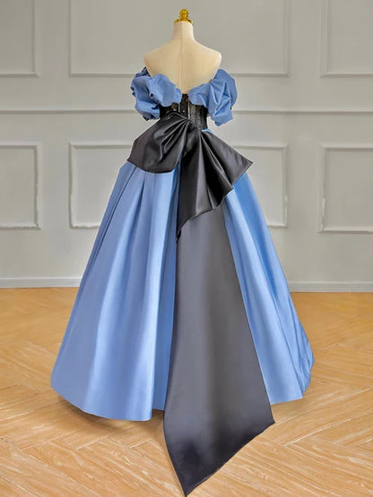 A-Line Off Shoulder Satin Blue Long Prom Dress, Blue Long Formal Dress TH179