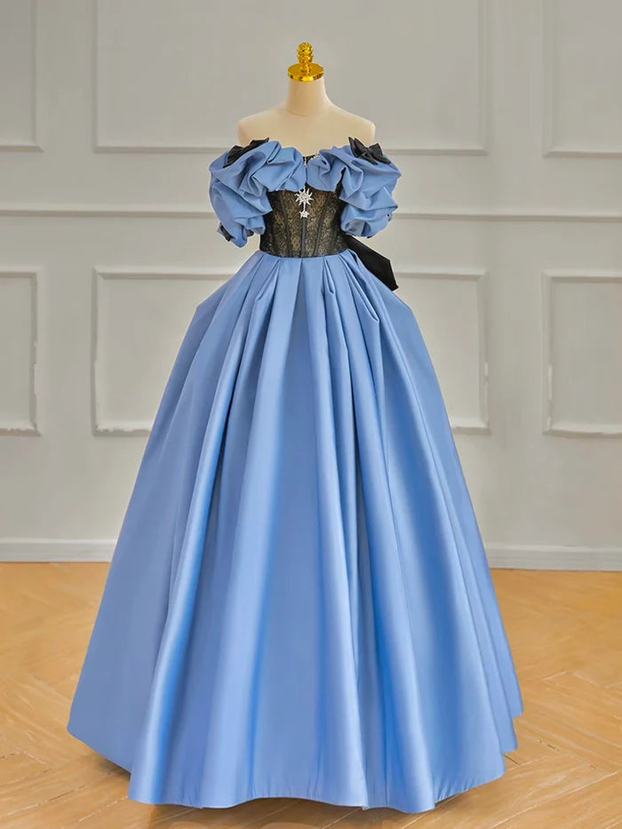 A-Line Off Shoulder Satin Blue Long Prom Dress, Blue Long Formal Dress TH179