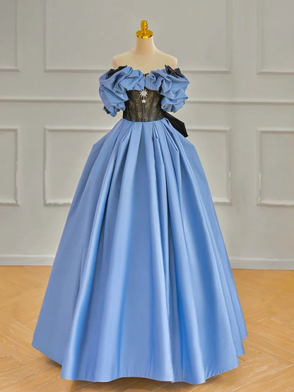 A-Line Off Shoulder Satin Blue Long Prom Dress, Blue Long Formal Dress TH179