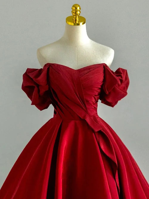 A-Line Off Shoulder Satin Burgundy Long Prom Dress, Burgundy Long Formal Dress TH180