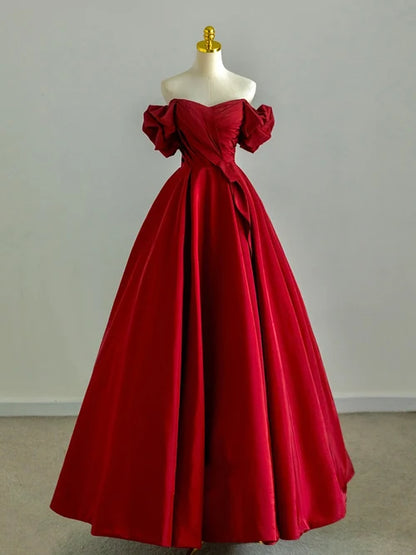 A-Line Off Shoulder Satin Burgundy Long Prom Dress, Burgundy Long Formal Dress TH180