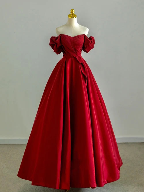 A-Line Off Shoulder Satin Burgundy Long Prom Dress, Burgundy Long Formal Dress TH180