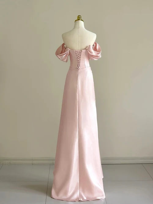 Pink A-Line Satin Long Prom Dress, Off Shoulder Pink Long Evening Dress TH181
