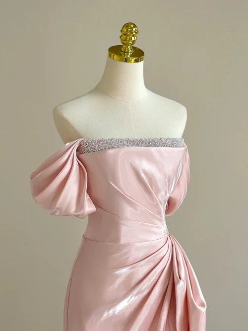 Pink A-Line Satin Long Prom Dress, Off Shoulder Pink Long Evening Dress TH181