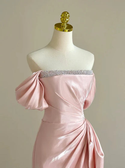 Pink A-Line Satin Long Prom Dress, Off Shoulder Pink Long Evening Dress TH181