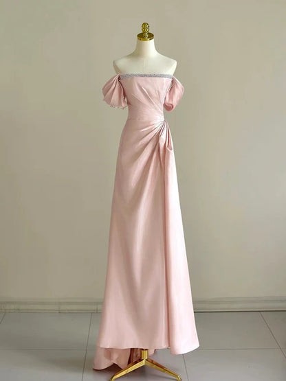 Pink A-Line Satin Long Prom Dress, Off Shoulder Pink Long Evening Dress TH181