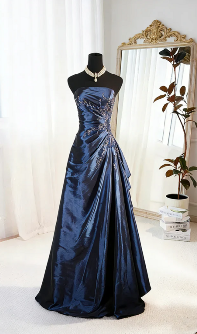 Strapless Royal Blue Satin Ruffles Prom Long Evening Gown with Beaded TH182
