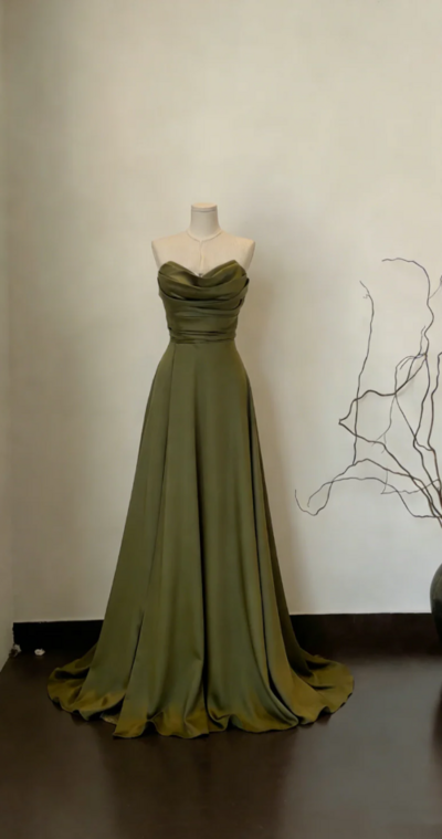 Stylish A Line Sage Green Satin Long Prom Dress Formal Evening Dress TH183