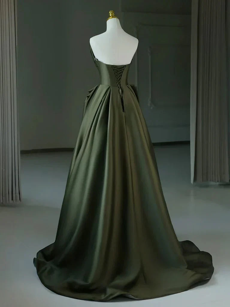 V Neck Satin Green Long Prom Dress, Green Long Formal Dress TH184