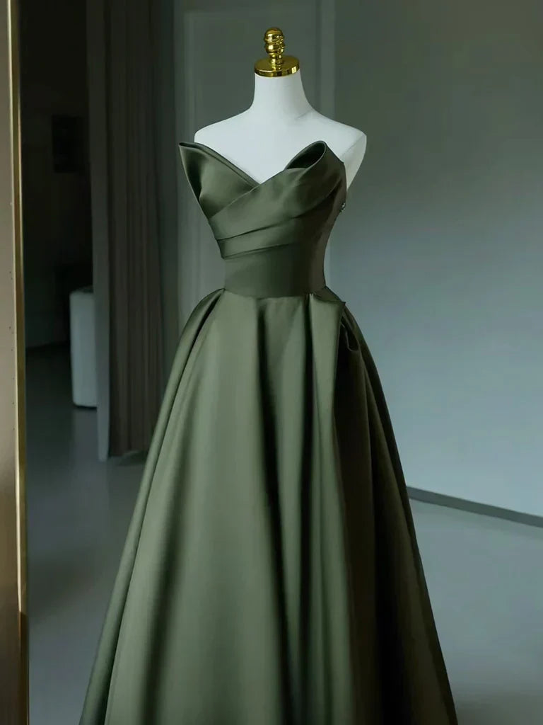 V Neck Satin Green Long Prom Dress, Green Long Formal Dress TH184