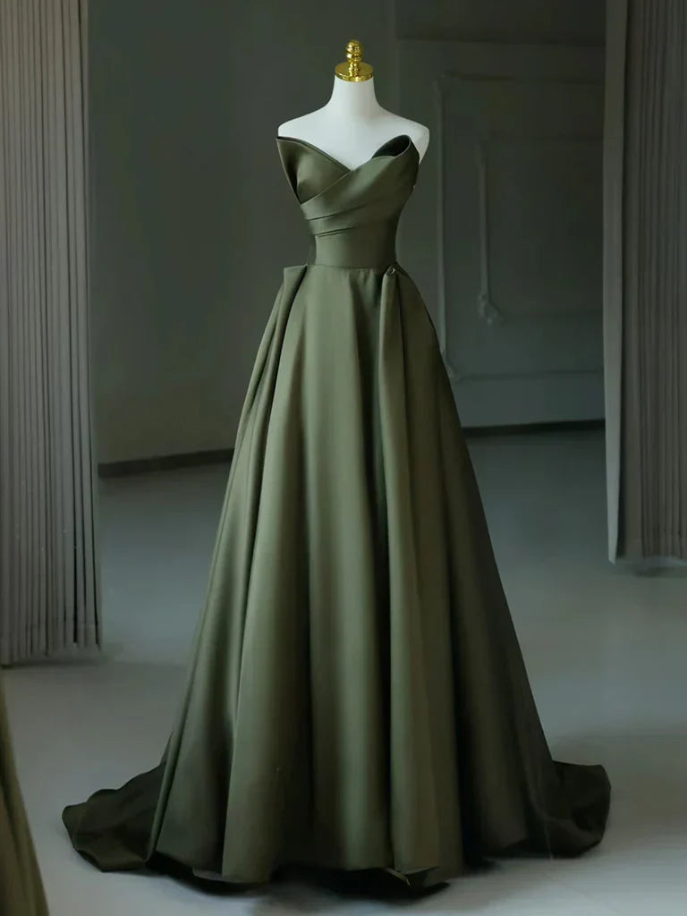 V Neck Satin Green Long Prom Dress, Green Long Formal Dress TH184
