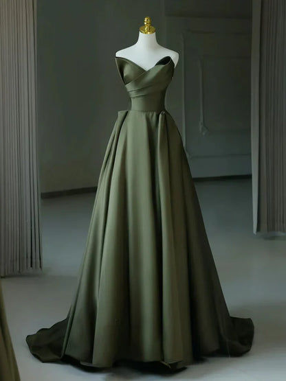 V Neck Satin Green Long Prom Dress, Green Long Formal Dress TH184