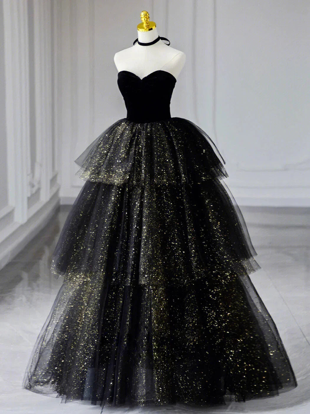 Sweetheart Neck Tulle Sequin Black Long Prom Dress, Black Formal Dress TH185