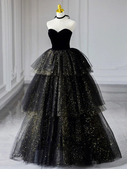 Sweetheart Neck Tulle Sequin Black Long Prom Dress, Black Formal Dress TH185