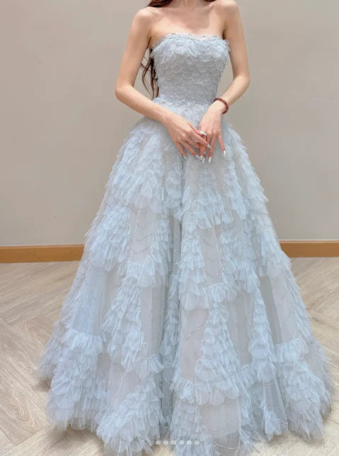 Strapless A-Line Long Prom Dresses Tulle Ice Blue Formal Dresses Birthday Dresses TH187