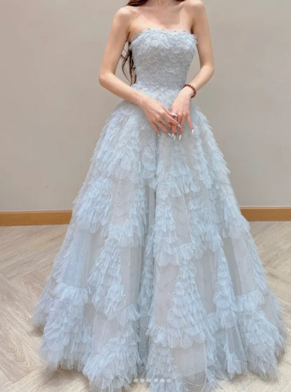 Strapless A-Line Long Prom Dresses Tulle Ice Blue Formal Dresses Birthday Dresses TH187