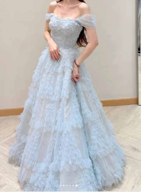 Strapless A-Line Long Prom Dresses Tulle Ice Blue Formal Dresses Birthday Dresses TH187