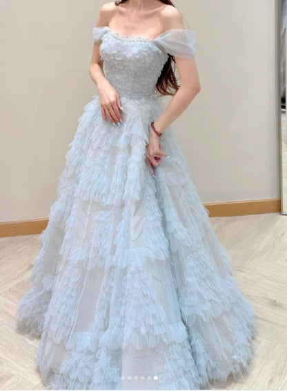 Strapless A-Line Long Prom Dresses Tulle Ice Blue Formal Dresses Birthday Dresses TH187