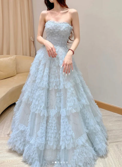 Strapless A-Line Long Prom Dresses Tulle Ice Blue Formal Dresses Birthday Dresses TH187