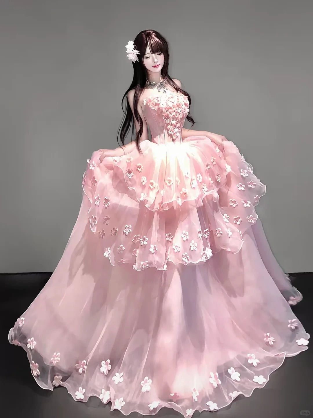 Ethereal A-line Off-the-Shoulder Pink Long Evening Dress Tulle 3D fabric flower Prom Dress TH189