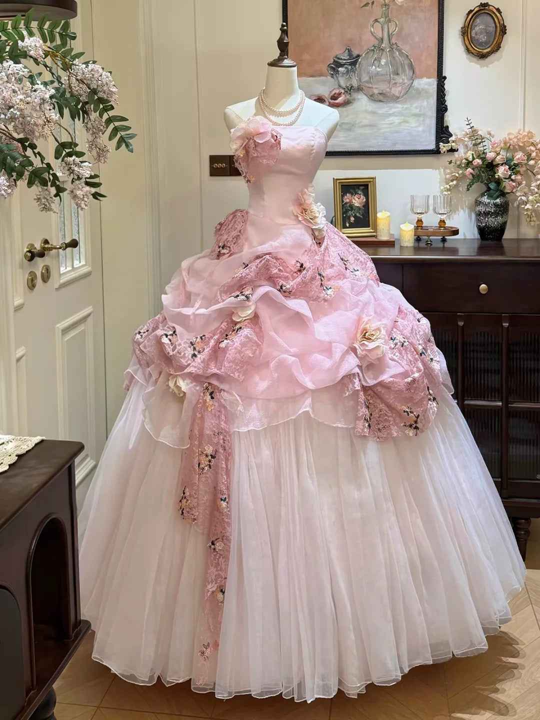 Ethereal Ball Gown Off-the-Shoulder Pink Pleated Long Evening Dress Tulle 3D fabric flower Prom Dress TH190