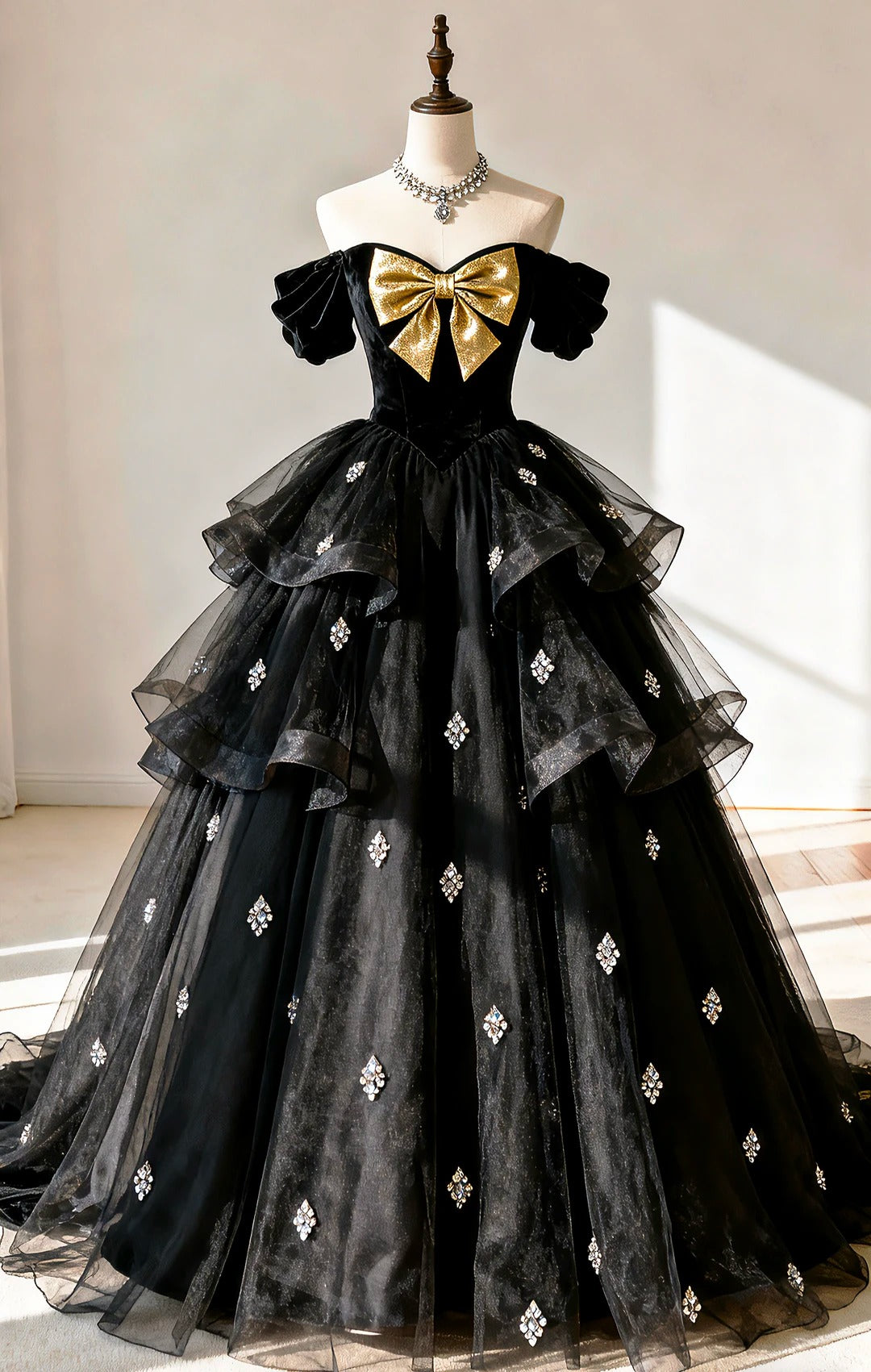 Elegant A-line Off-the-Shoulder Black Long Evening Dress Beaded Tulle Prom Dress TH194