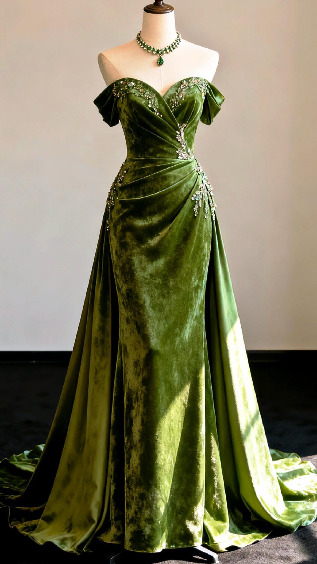 Elegant A-line Sweetheart Green Long Evening Dress Beaded Satin Prom Dress TH197