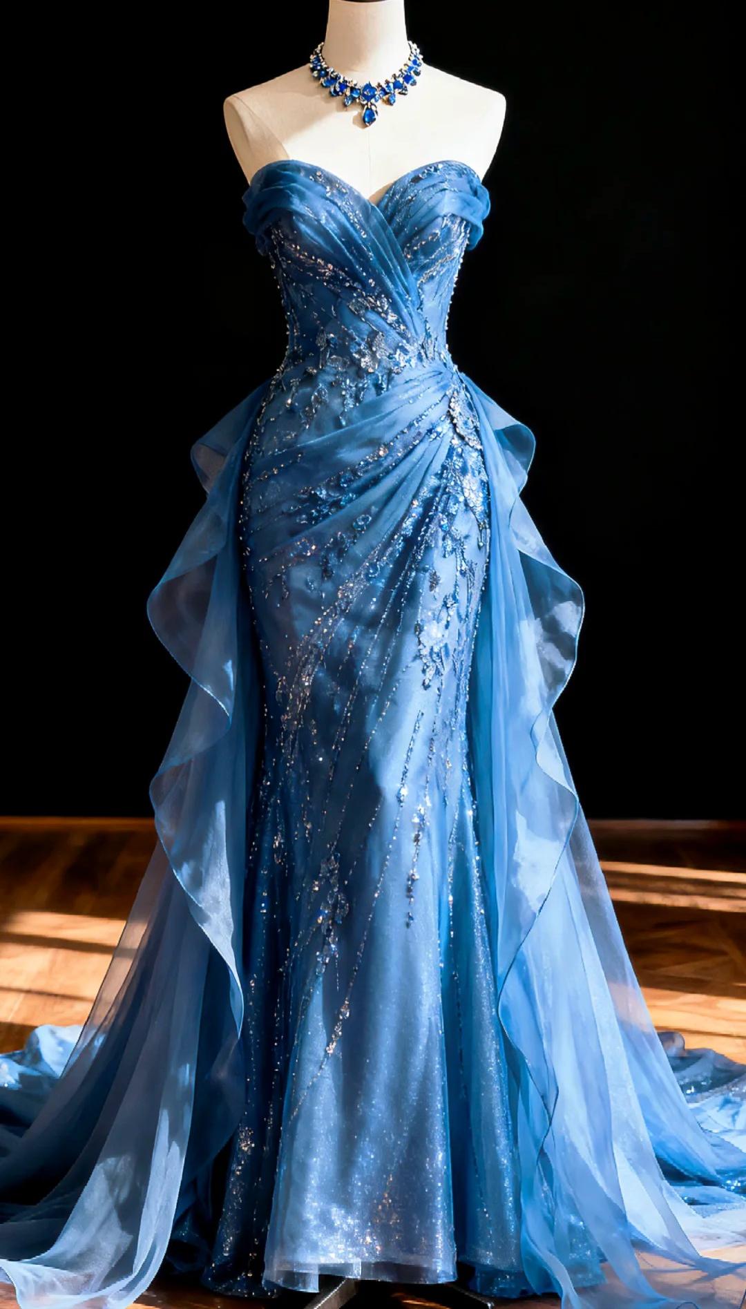 Ethereal A-line Sweetheart Blue Long Evening Dress Beaded Mesh Prom Dress TH199