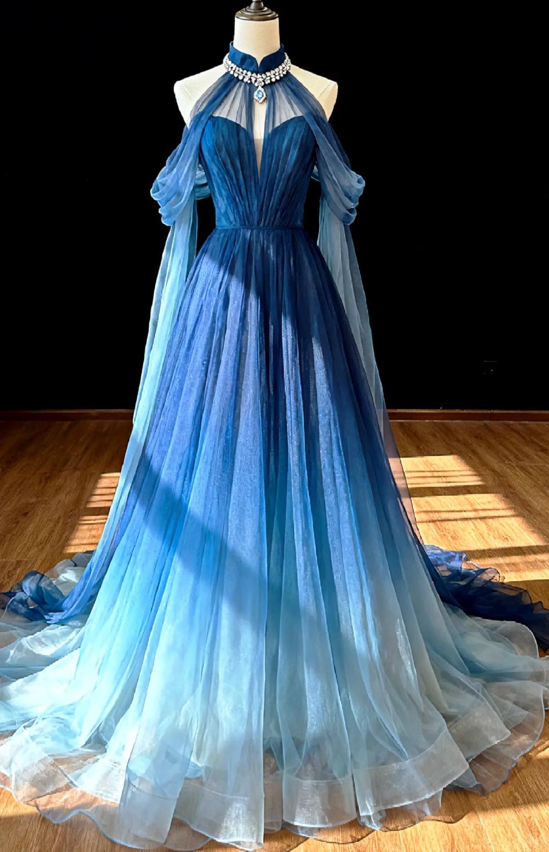 Ethereal A-line Halter Neck Blue Long Evening Dress Tulle Prom Dress TH200