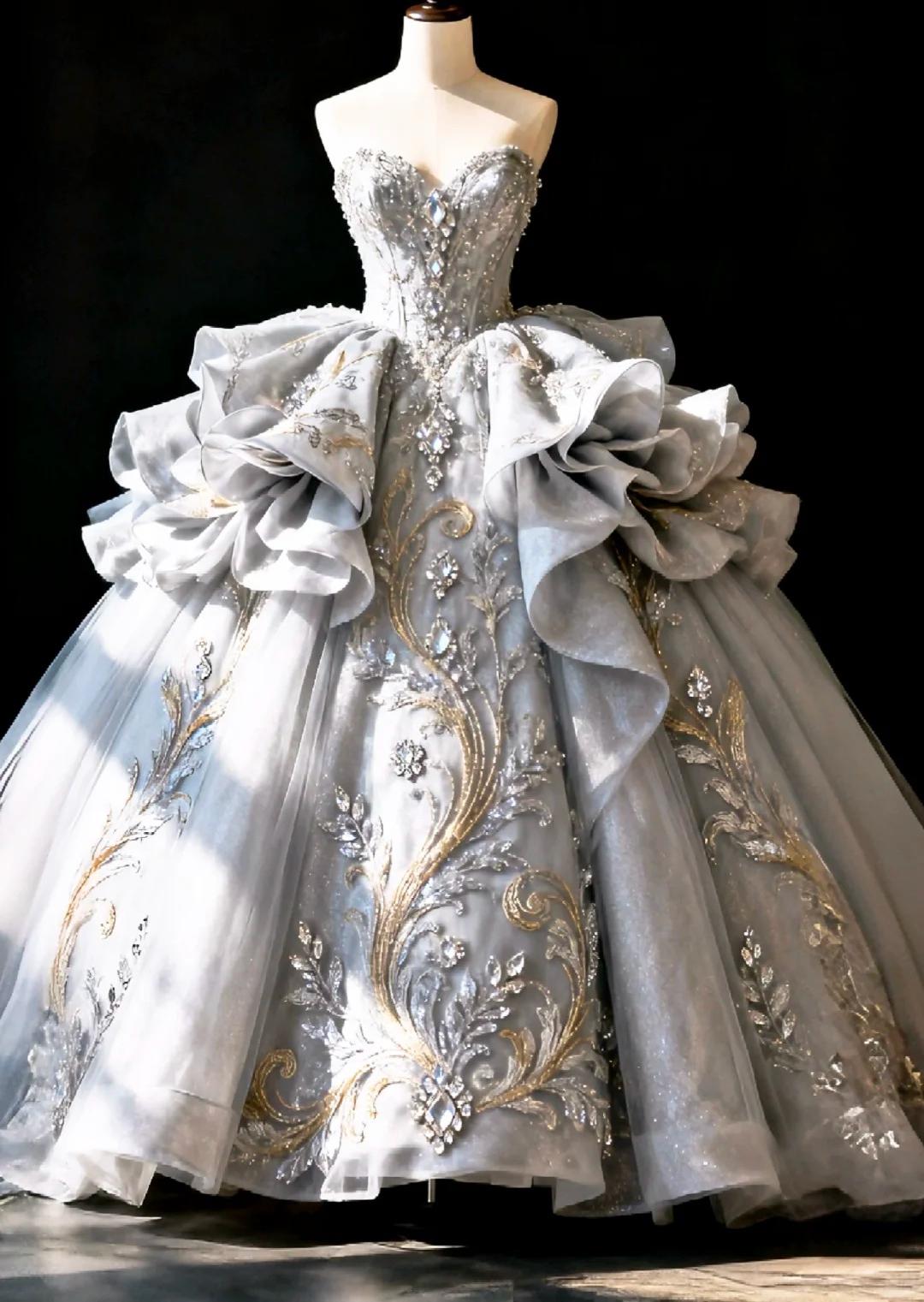 Ethereal Ball Gown Sweetheart Sliver Long Evening Dress Embroidery Beaded Prom Dress TH202